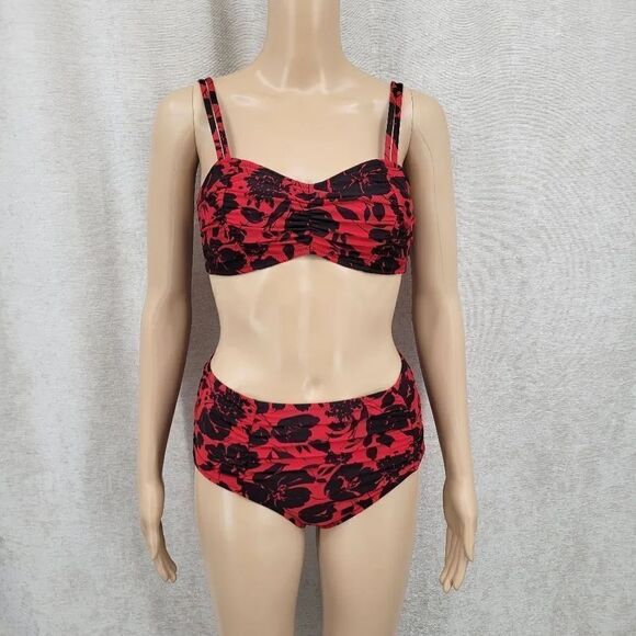 Jantzen Other - Jantzen Vintage 90s Red and Black Floral Bikini Set Swimsuit Ruched